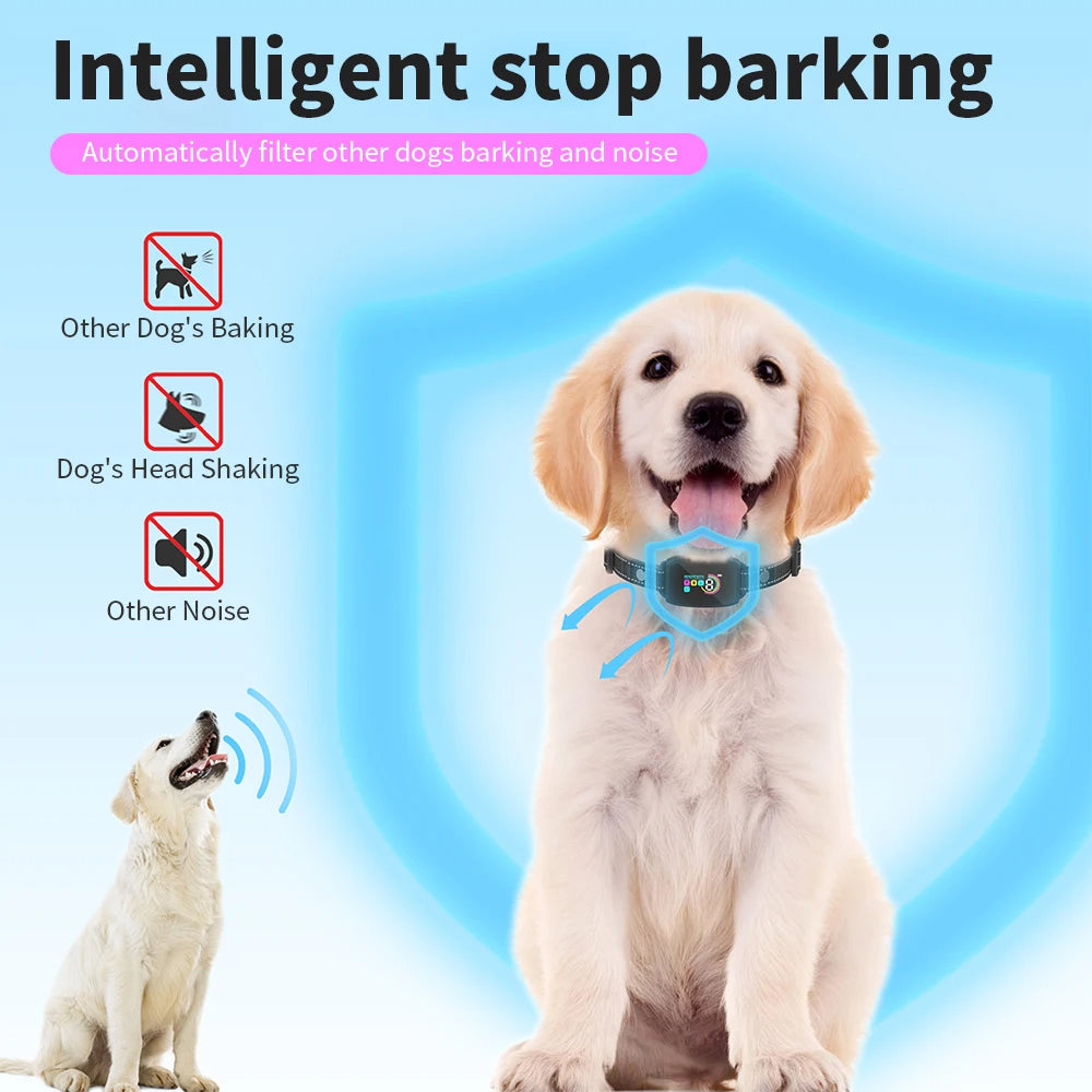 Dog wearing anti-bark collar with an 'Intelligent stop barking' feature on a blue background.