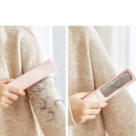Pawssibly Pets reusable pet hair remover in pink cleaning hair from beige sweater fabric