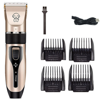 Pawssiblypets low noise pet shaver with four black guide combs, USB charging cable, and cleaning brush