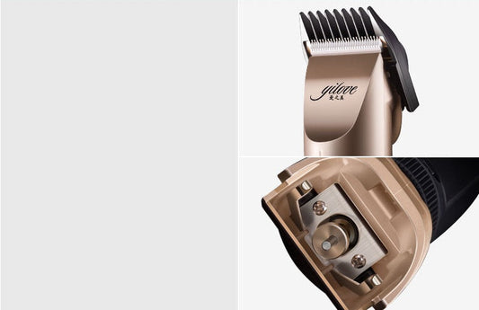 Pawssiblypets low noise pet shaver in metallic finish showing blade and comb attachment for grooming