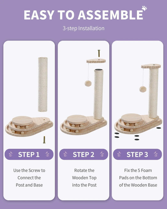Step-by-step assembly guide for durable cat scratching board with wooden base and post by Pawssibly Pets
