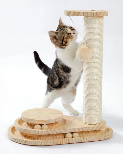 Cat playing with durable cat scratching board by Pawssibly Pets made of natural wood and sisal rope
