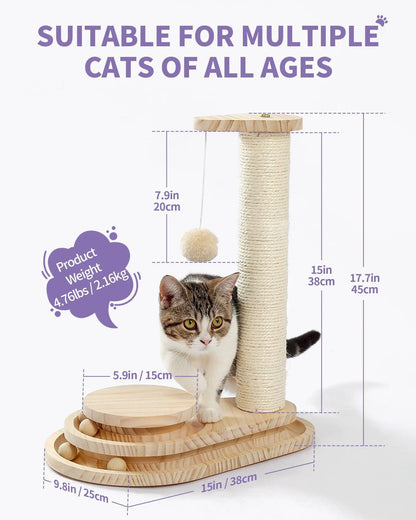 Durable cat scratching board with sisal post and wooden base featuring a dangling toy by Pawssibly Pets