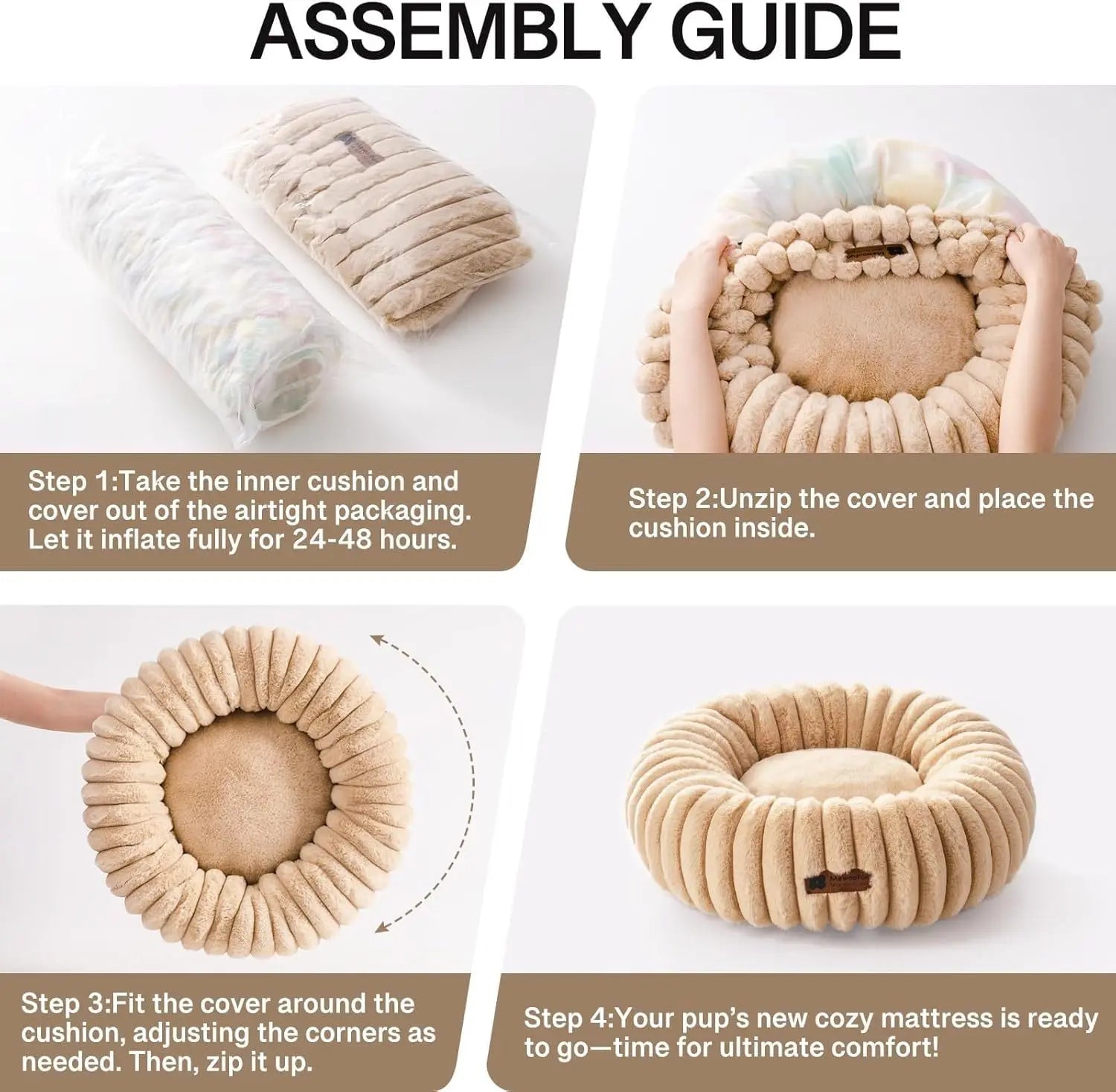 Step-by-step assembly guide for Pawssibly Pets donut cat bed with cushion and cover