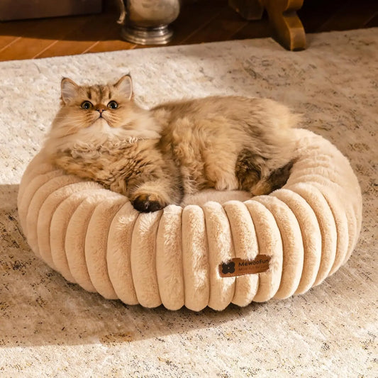 Fluffy cat lounging comfortably in a beige donut cat bed by Pawssibly Pets on a rug