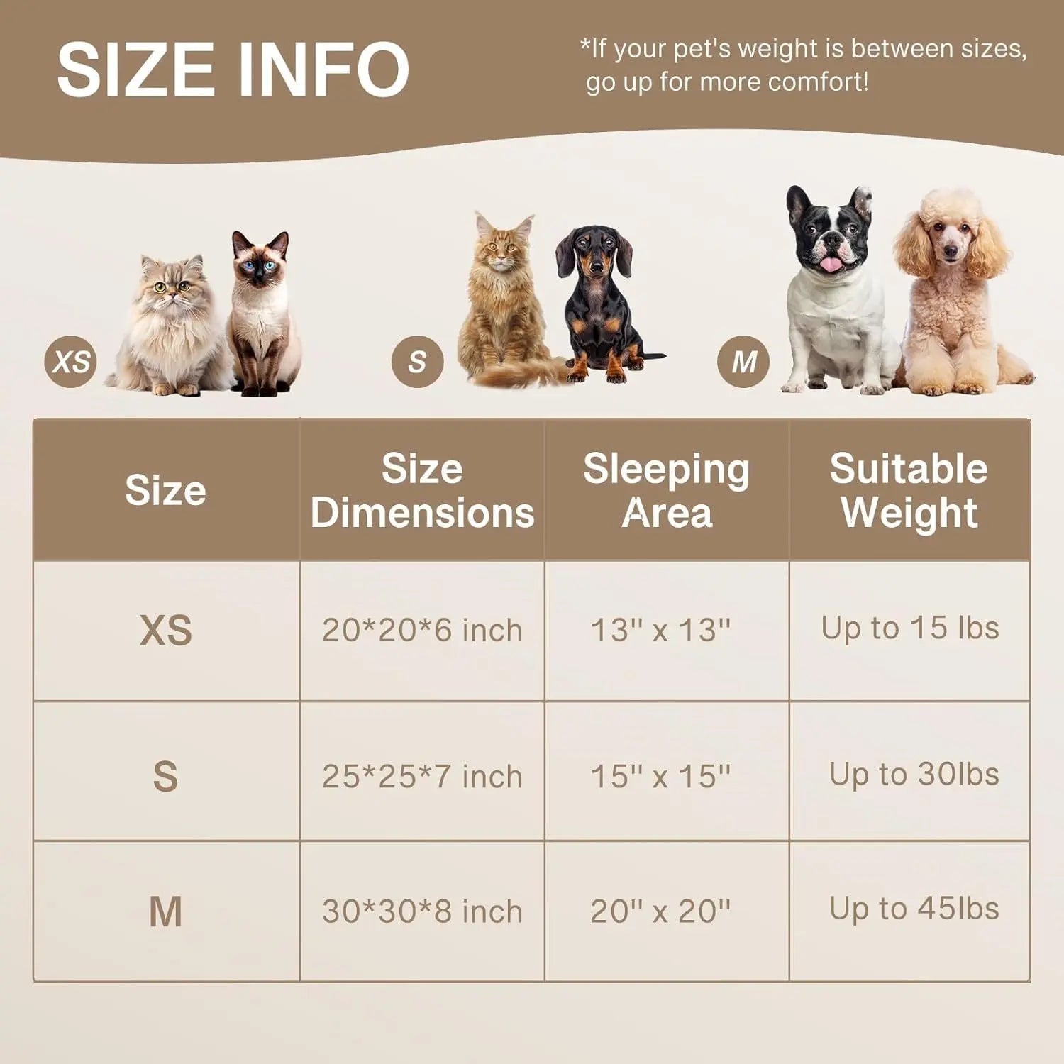 Pawssibly Pets donut cat bed size chart with dimensions and suitable weight for XS S and M sizes