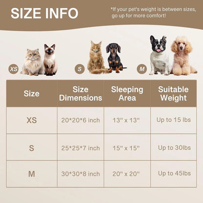 Pawssibly Pets donut cat bed size chart with dimensions and suitable weight for XS S and M sizes