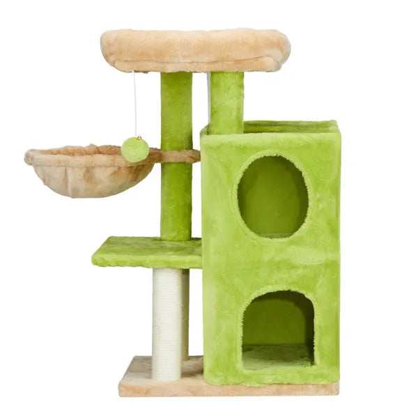 Pawssibly Pets modern cat tree tower in green and beige with multiple platforms and cozy cubbies