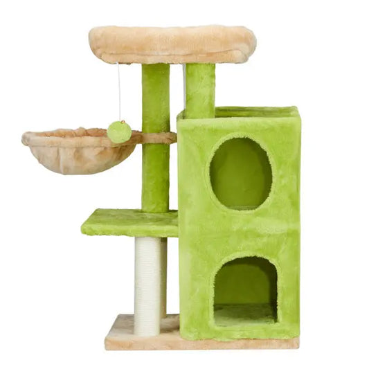 Pawssibly Pets modern cat tree tower in green and beige with multiple platforms and cozy cubbies
