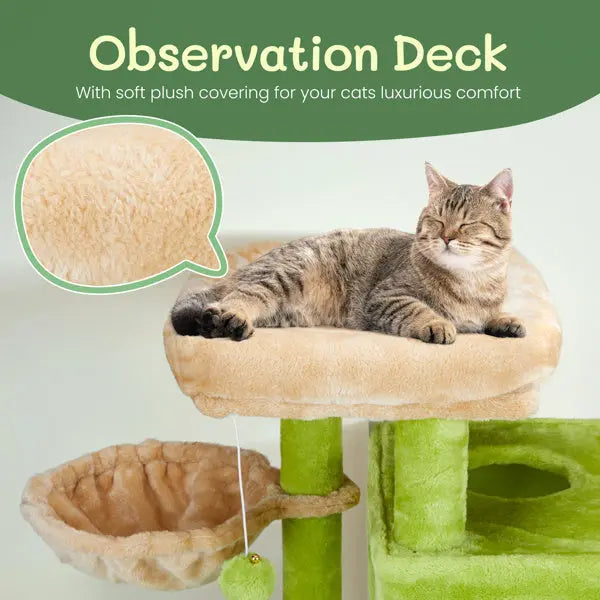Modern cat tree tower with soft plush observation deck and cozy hammock featuring a relaxed cat
