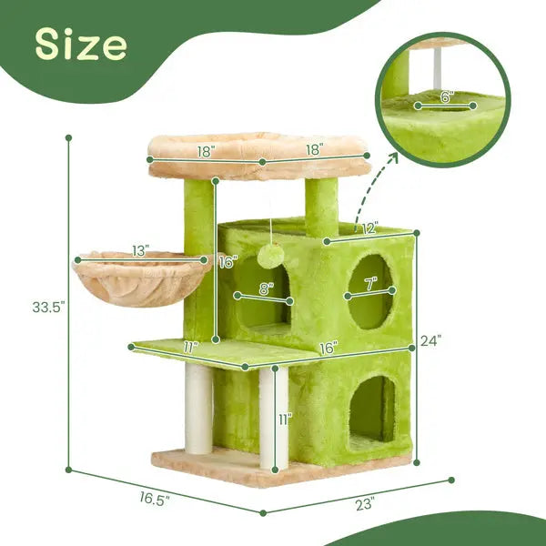Green and beige modern cat tree tower with multiple platforms, cozy hideouts, and hanging toy