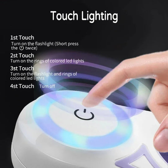 A retractable dog leash with Touch control panel with colorful LED lights and instructions on a black background