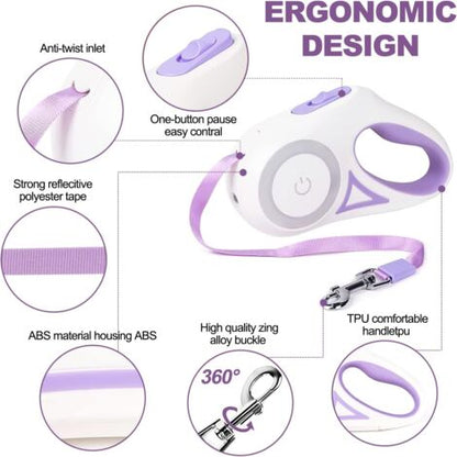Ergonomic design of a retractable dog leash with features highlighted.