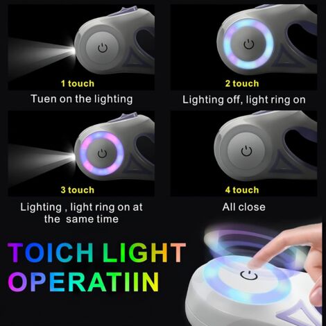 Touch light operation guide with four touch points of a retractable dog leash on a black background