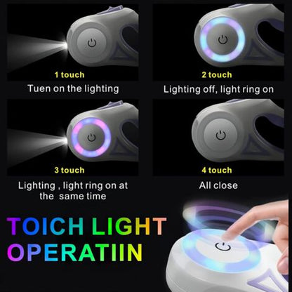 Touch light operation guide with four touch points of a retractable dog leash on a black background