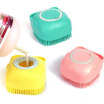 Three colorful silicone dog bath brush with smiley faces on a white background.