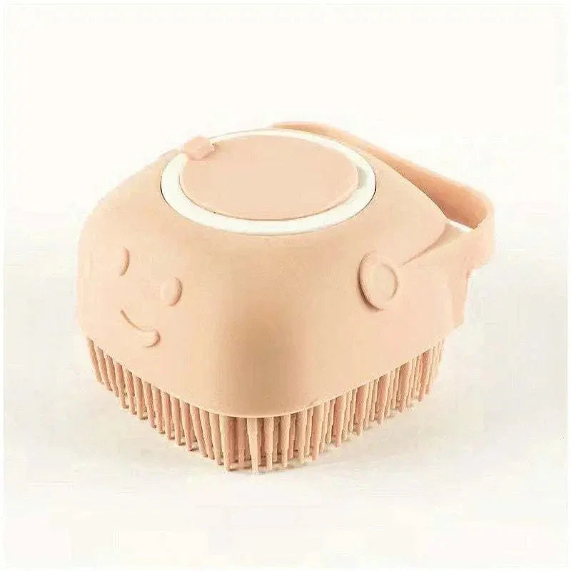 Beige silicone dog bath brush with a smiley face on a white background