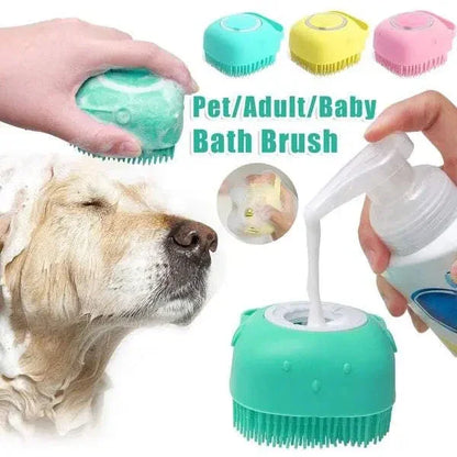 silicone dog bath brush with a dog and soap bottle on a white background