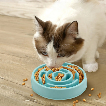 Cat eating from a blue slow feeder dog bowl designed to slow down eating and improve digestion