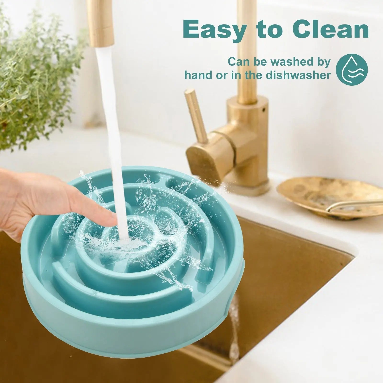 Pawssiblypets blue slow feeder dog bowl being washed under faucet in kitchen sink