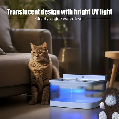 Pawssibly Pets automatic pet water dispenser with translucent design and bright UV light next to a cat