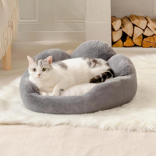 Gray washable small pet bed by Pawssiblypets with a white and gray cat resting peacefully indoors