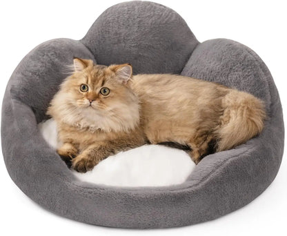 Washable small pet bed in gray with soft plush material and a fluffy cat lounging comfortably