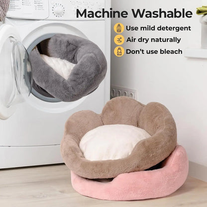 Washable small pet bed in gray, beige, and pink colors shown with washing machine for cleaning